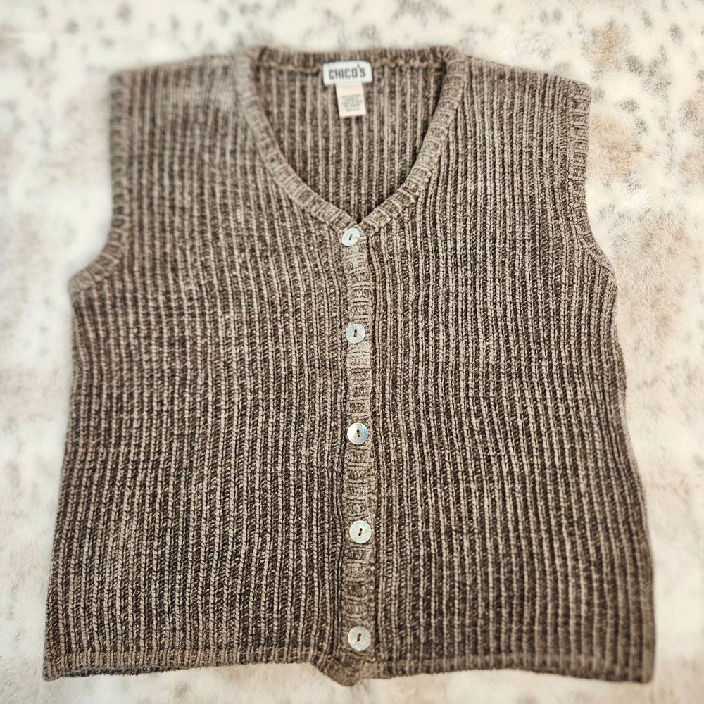 Chico's Chenille Taupe Vest S/M Button Front Sleeveless Ribbed Knit Sweater Goth